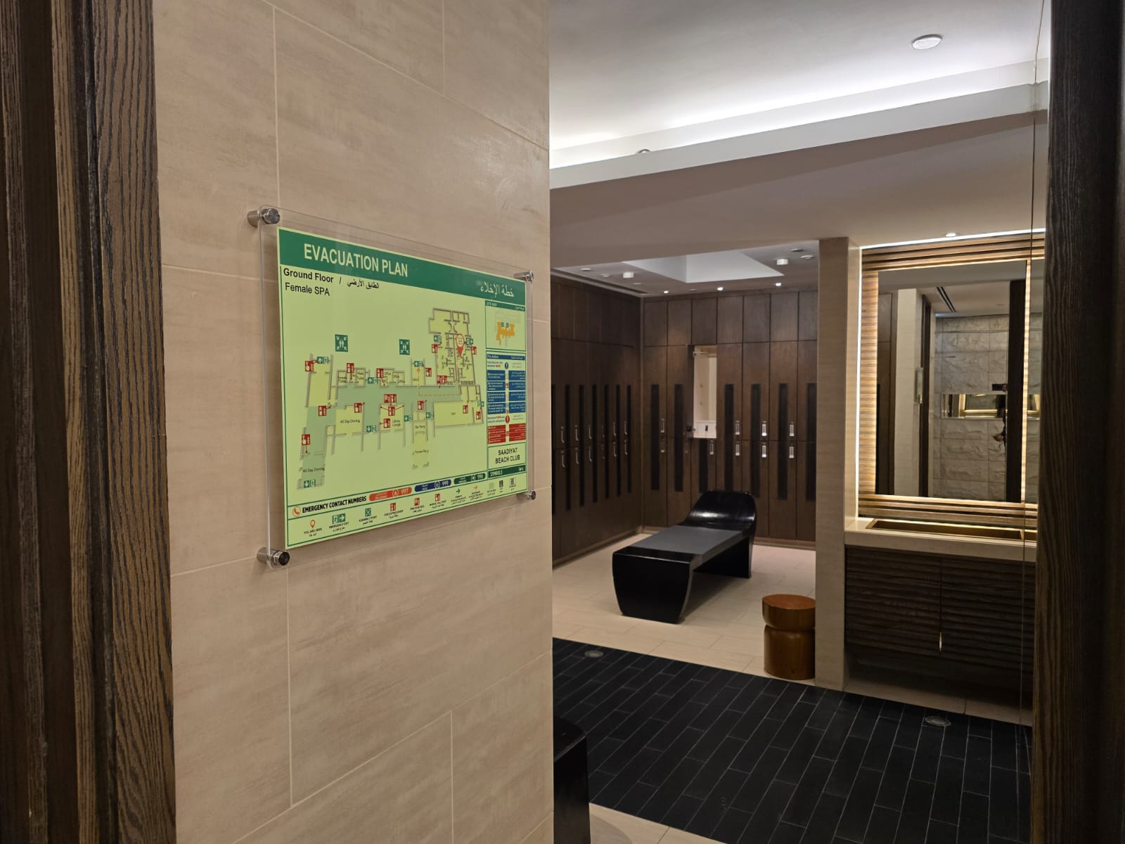 Evacuation plan installed in the female spa at Saadiyat Beach Club, Abu Dhabi
