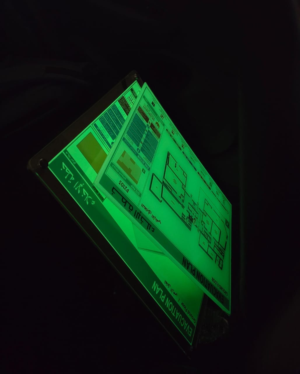 Glow-in-the-dark 3D fire evacuation plan signage